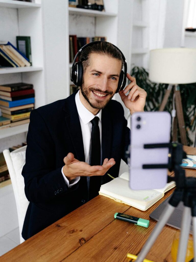 Business Setup 4 Professional Man Hosting a Virtual Meeting or Webinar from Home Office