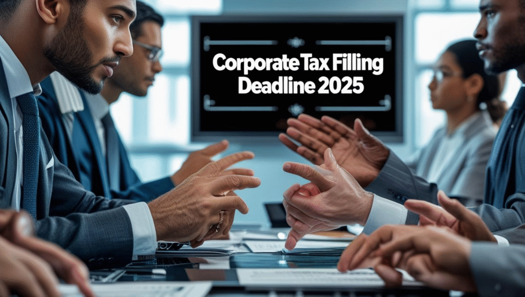 Executives discussing corporate tax filing deadline 2025