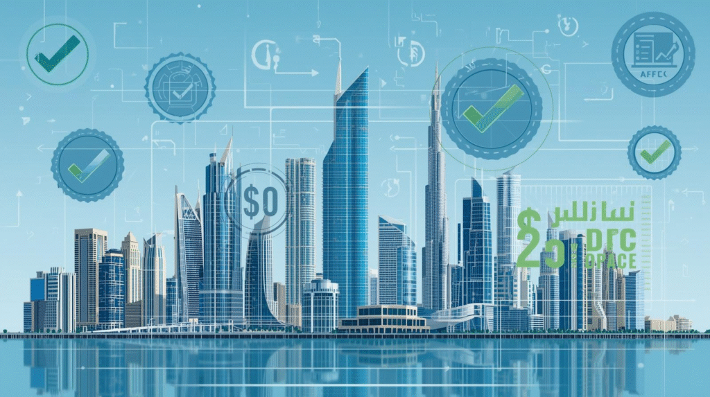UAE skyline with compliance icons representing audit vs review vs compilation requirements.
