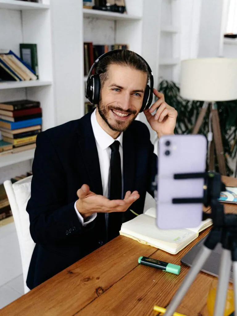 Professional Man Hosting a Virtual Meeting or Webinar from Home Office