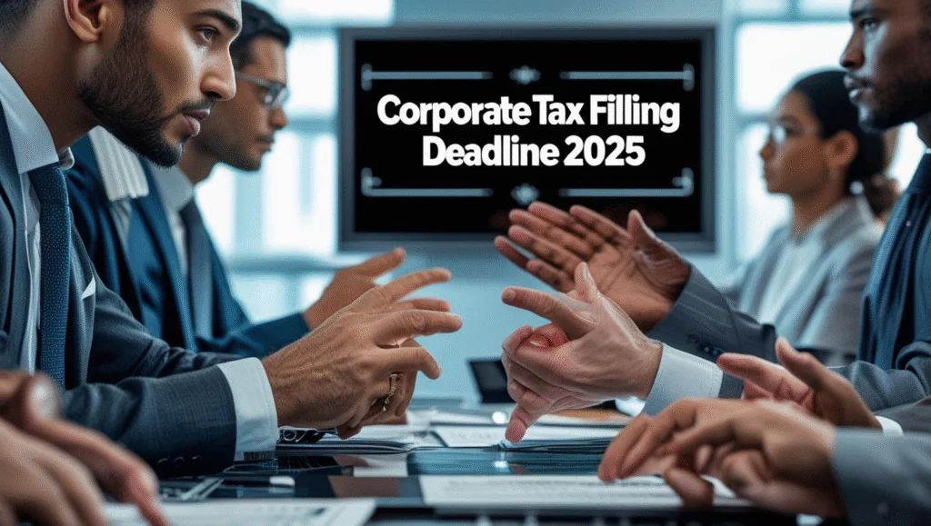 What is the Deadline for Corporate Tax Registration in UAE 3 Executives discussing corporate tax filing deadline 2025