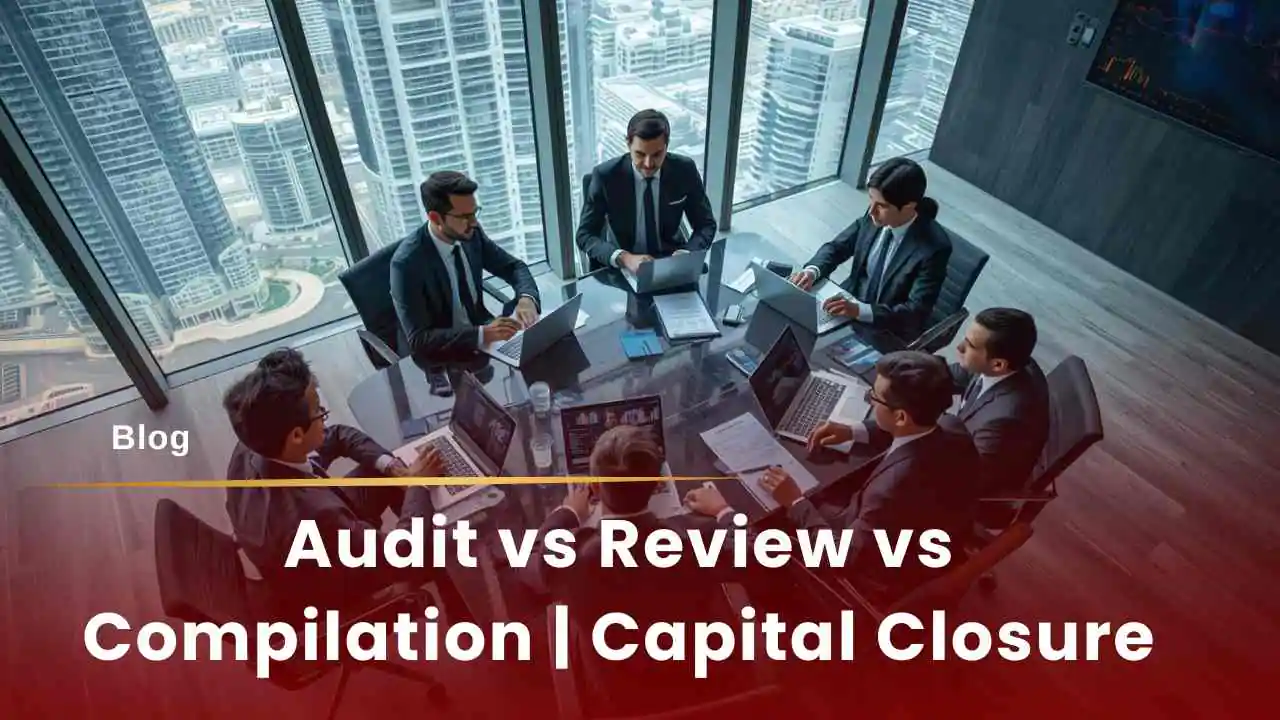 Business professionals in Dubai reviewing financial statements during audit, review, and compilation.