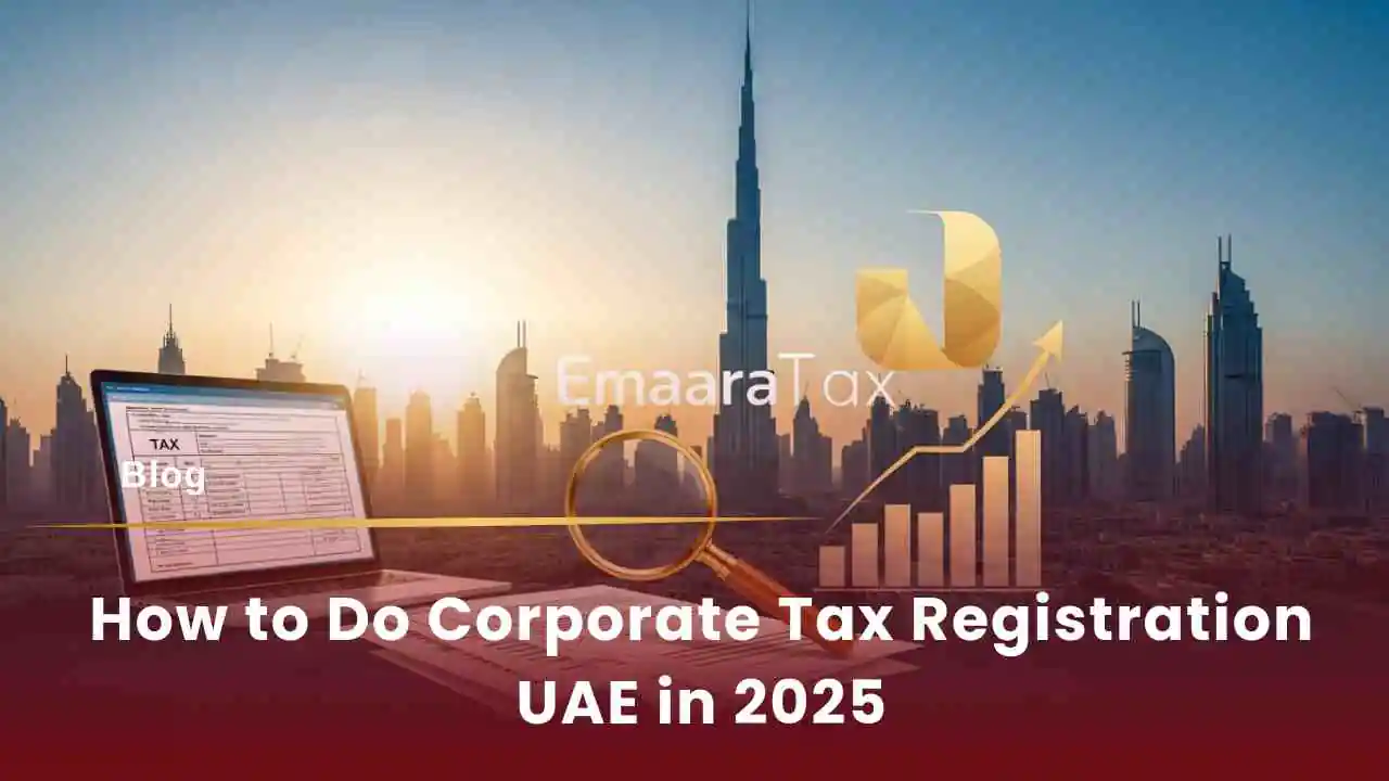 Dubai skyline, laptop, tax form, charts, "EmaaraTax" logo.