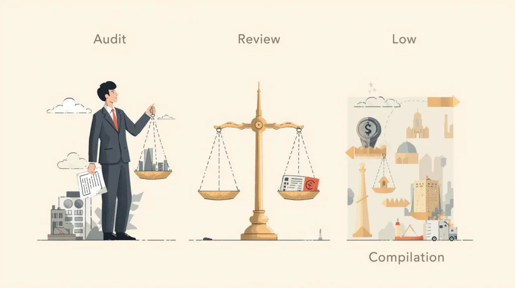 Audit vs Review vs Compilation A Simple Guide for Businesses in UAE 2 Audit vs Review vs Compilation Cost & Time UAE